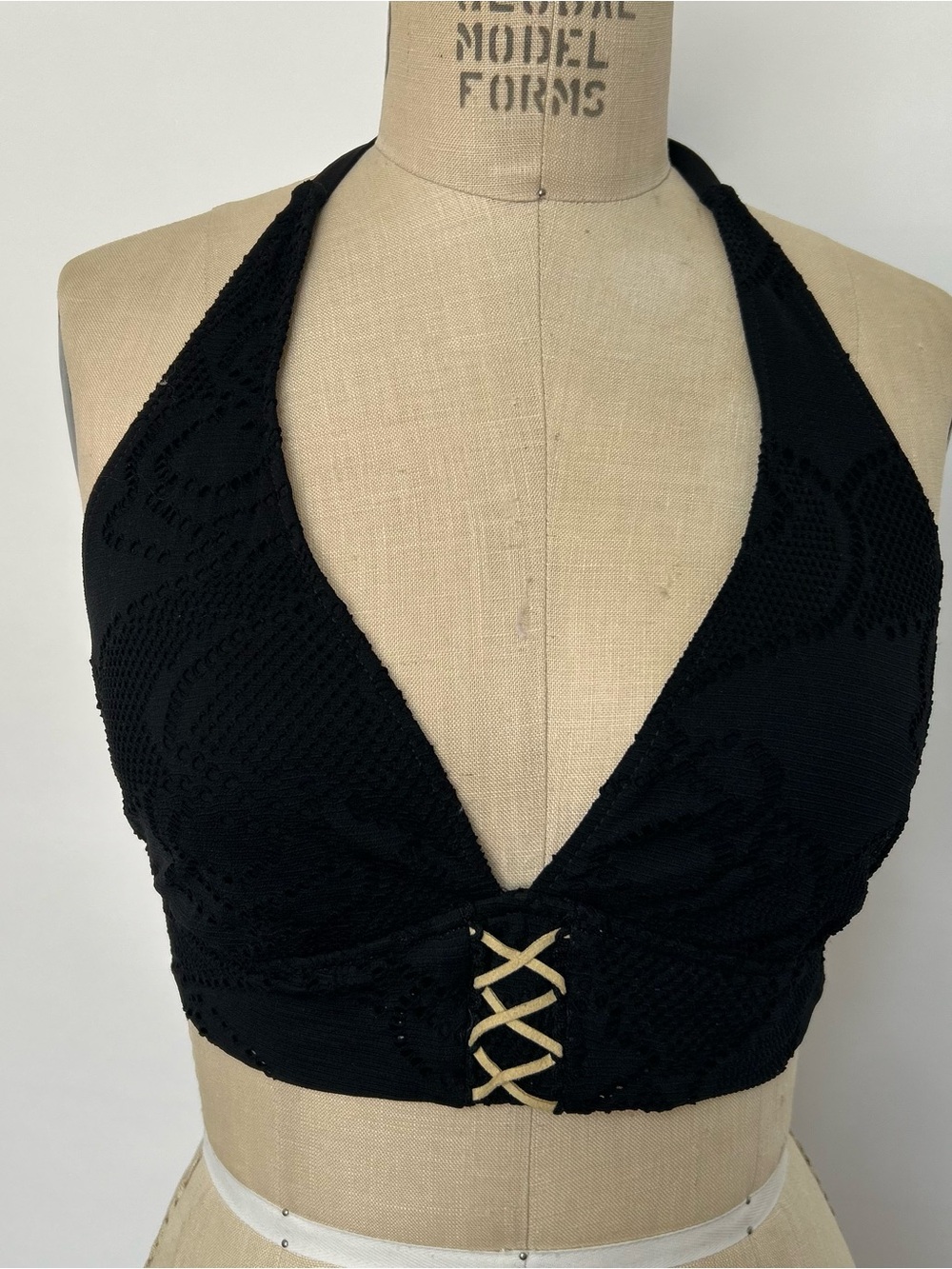 bebe Black Crochet Halter Bralette with Lace-Up Front